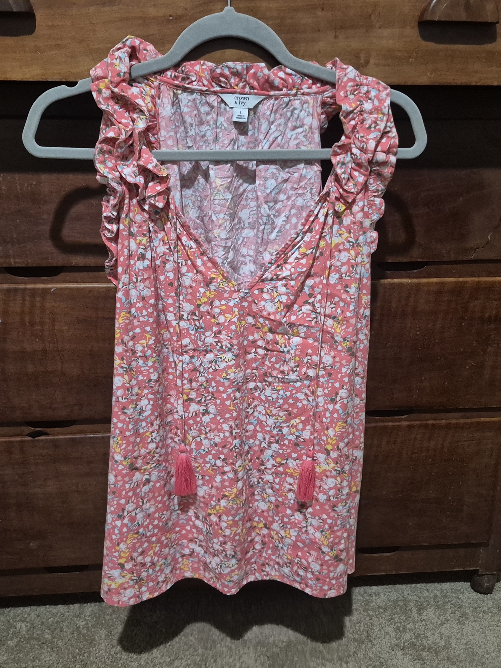 crown & ivy Pink Floral Ruffle Sleeve V-Neck Tank